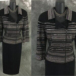 BEAUTIFUL St John knit black embellished evening jacket skirt suit size 10